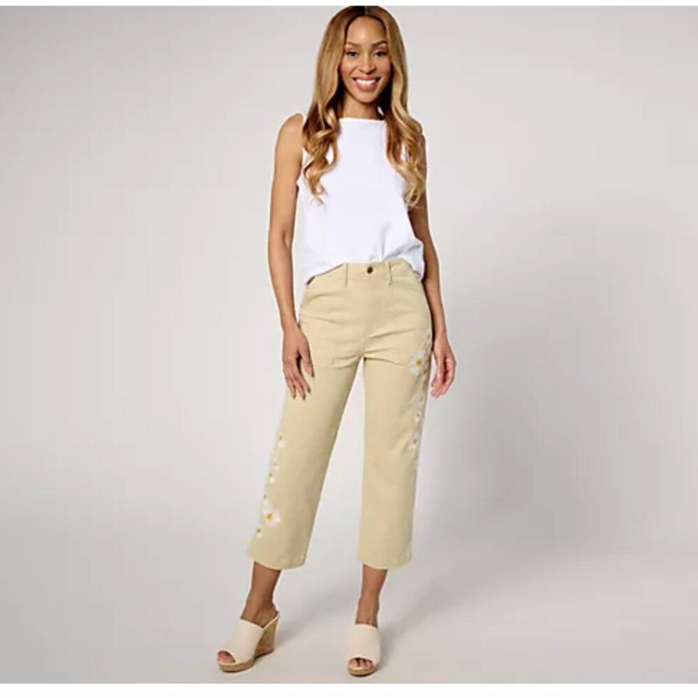 Driftwood Tan Utility Crop Pant Daisy Daydream Floral Embroidered